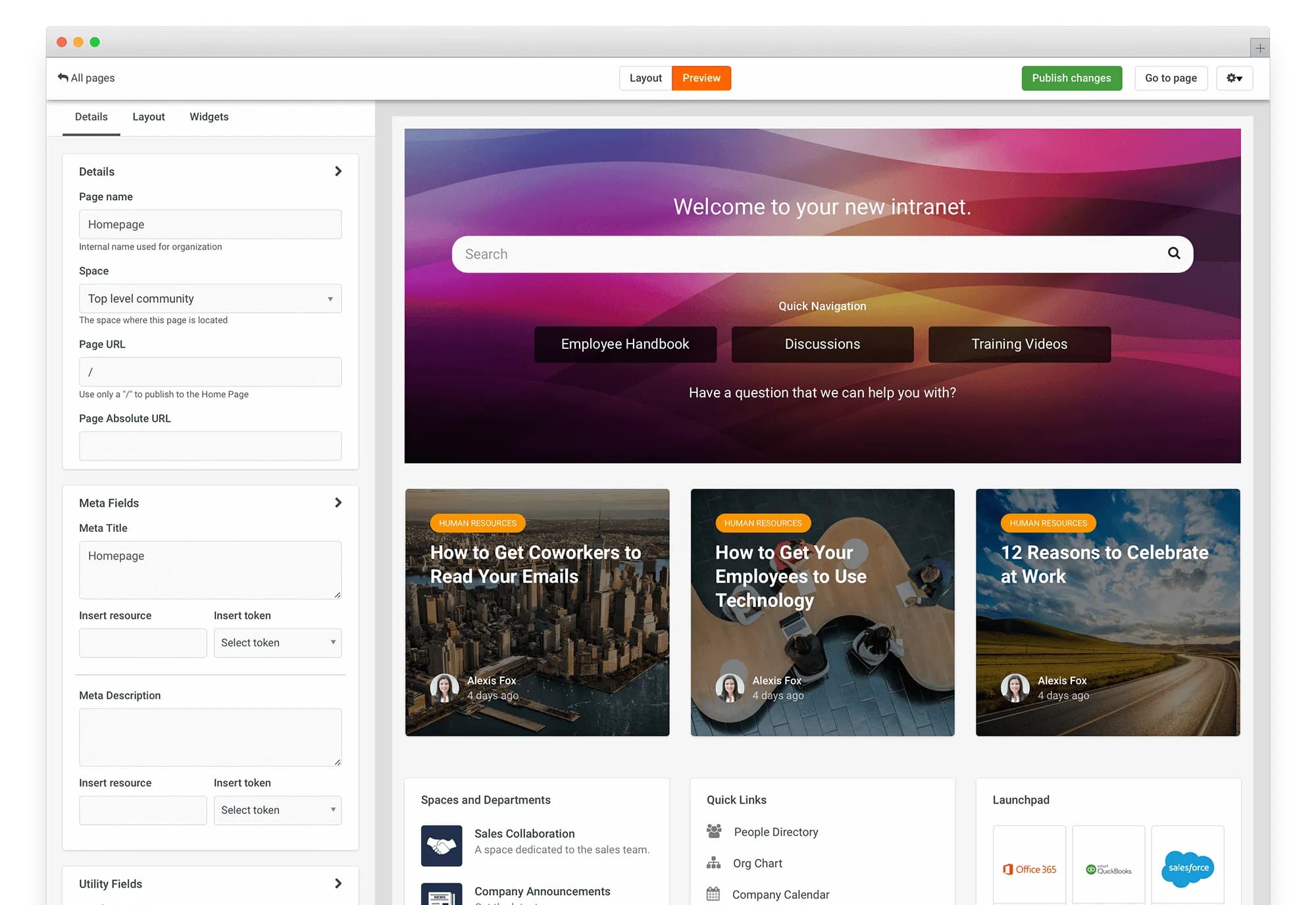 intranet homepage - communifire page builder