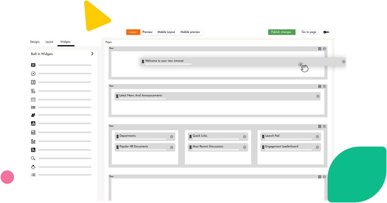 Axero Page Builder showing drag-and-drop widgets on a customizable workspace.