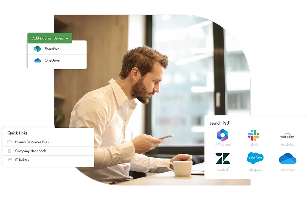 Smiling man in office with notification popups for space addition and checklist mention.