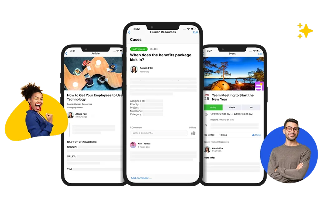 Axero mobile app screens showing news feed, document library, and chat.