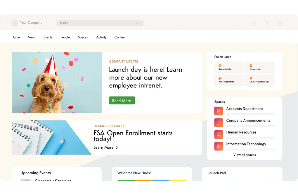 Axero Solutions intranet page showing news, updates, birthdays, and new employee introductions.