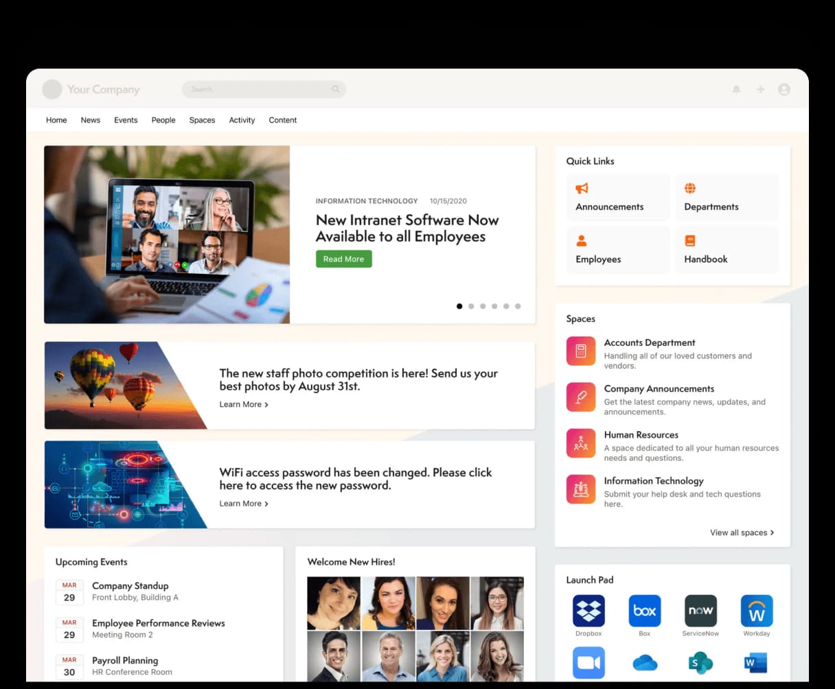 Axero company intranet homepage with announcements, events, and team activity stream.