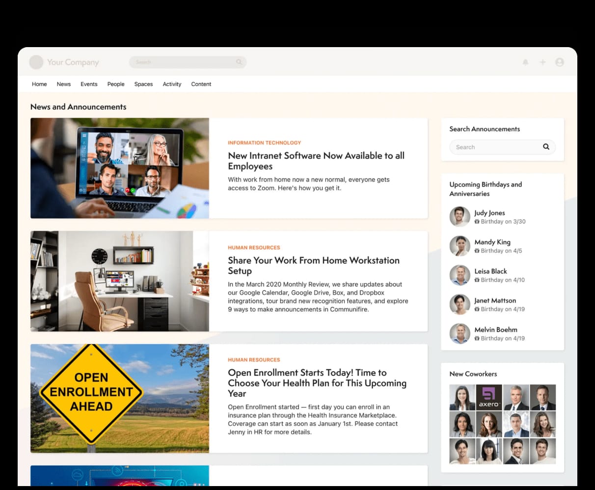 Axero internal communications composer with audience targeting and broadcast options.