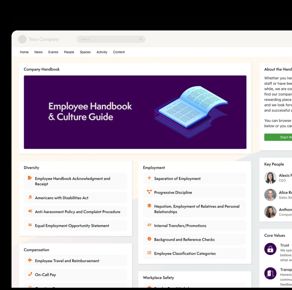 Axero knowledge management library with searchable articles, categories, and related content.