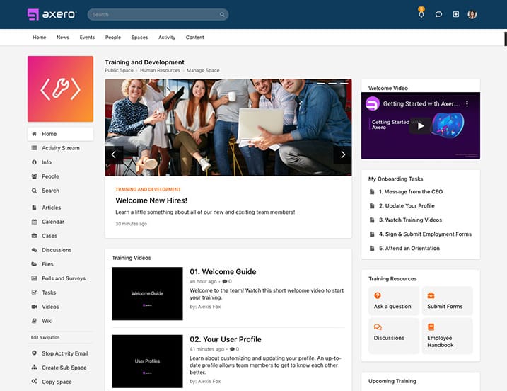 Axero intranet ‘Training and Development’ page with a welcome banner, training videos list, and onboarding tasks sidebar.