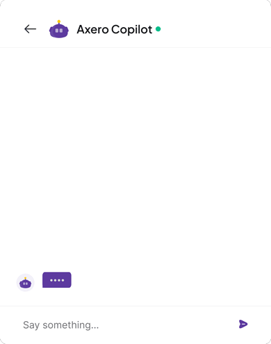 Axero Copilot chat interface — a user asks for the latest employee handbook and Copilot returns a link to the PDF document.