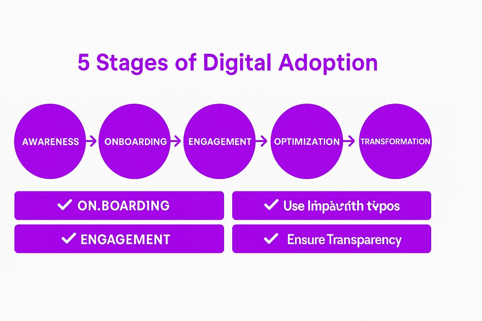 Infographic titled ‘5 Stages of Digital Adoption’ showing awareness, onboarding, engagement, optimization, and transformation.