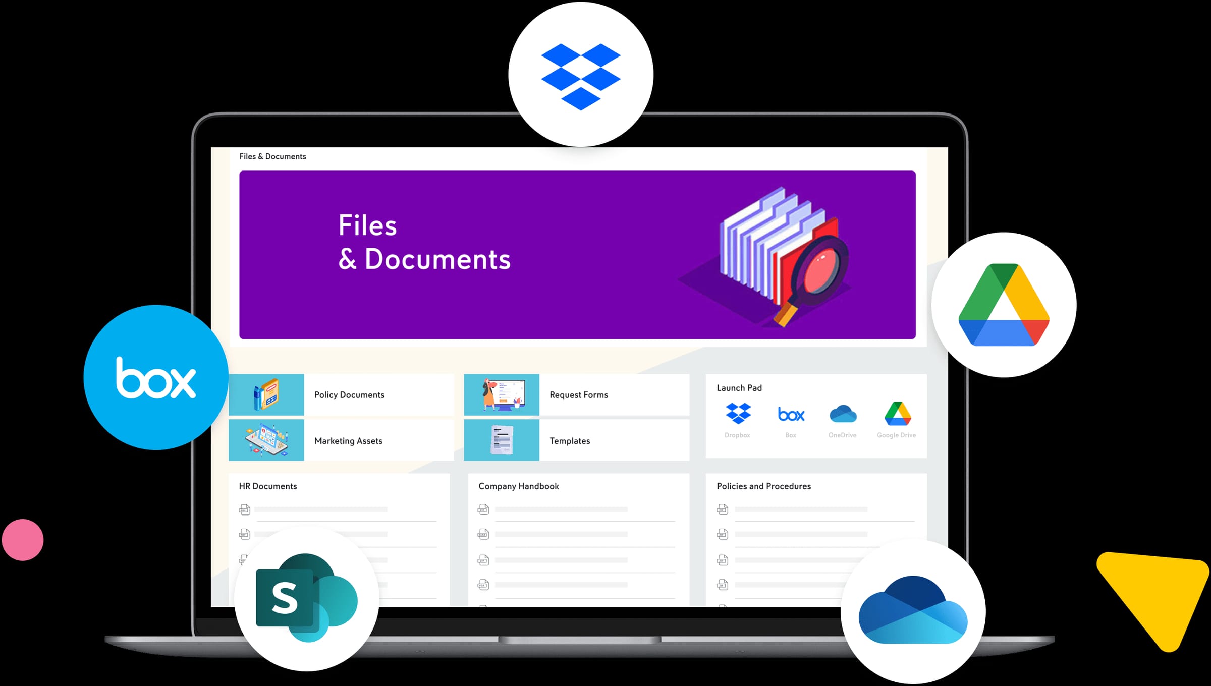 Laptop showing a ‘Files & Documents’ intranet page with document categories and a launch pad, surrounded by integration logos (Dropbox, Box, Google Drive, SharePoint, OneDrive).
