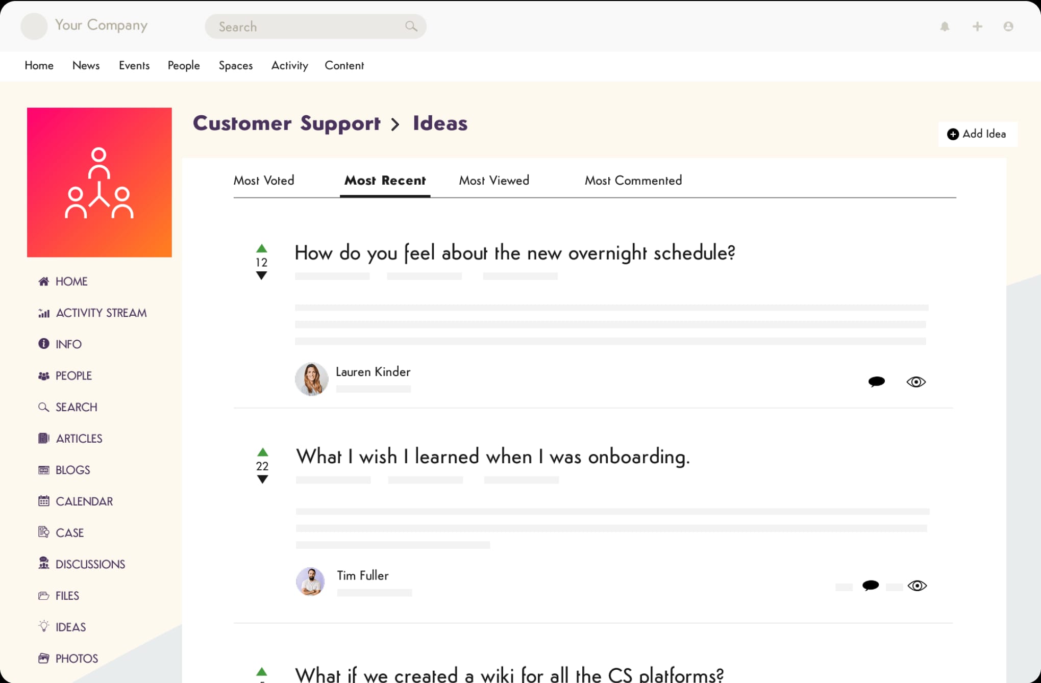 Intranet ideas forum page (‘Customer Support > Ideas’) listing recent suggestions with vote counts, author avatars, and comment/view icons.