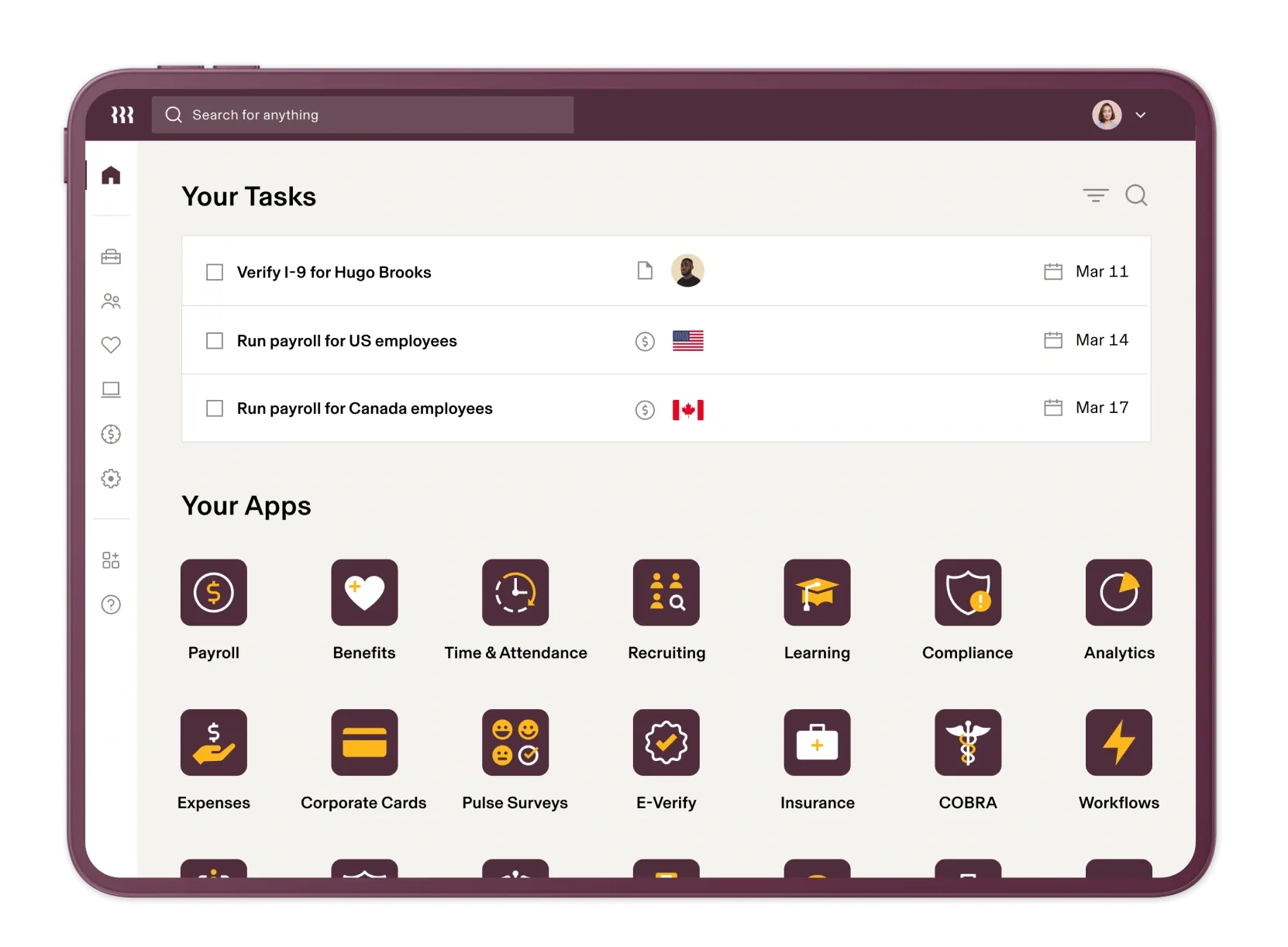 Rippling dashboard showing task checklist and a grid of HR apps (payroll, benefits, time, recruiting, learning, compliance).
