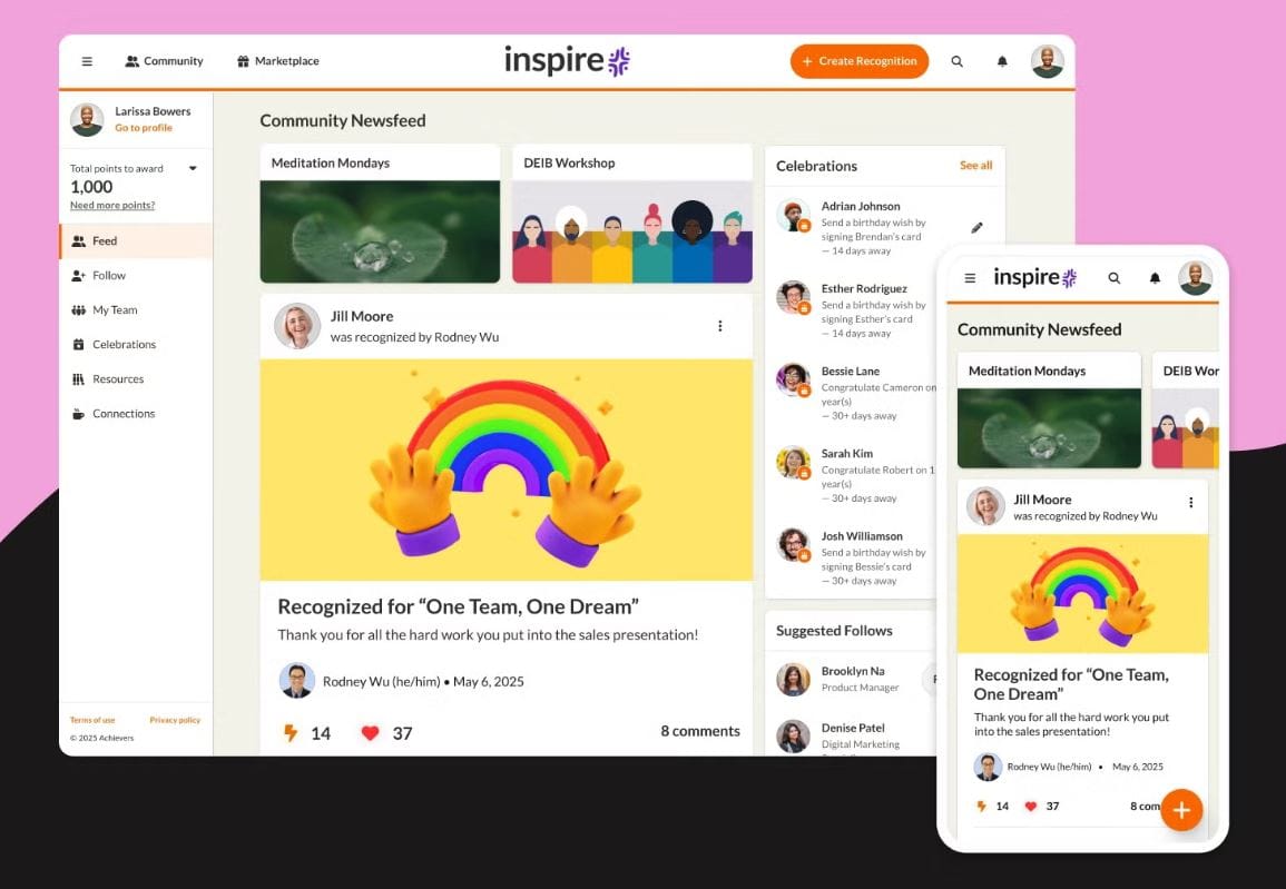 Achievers Inspire community newsfeed on desktop and mobile, showing a recognition post (‘One Team, One Dream’) and celebrations sidebar.