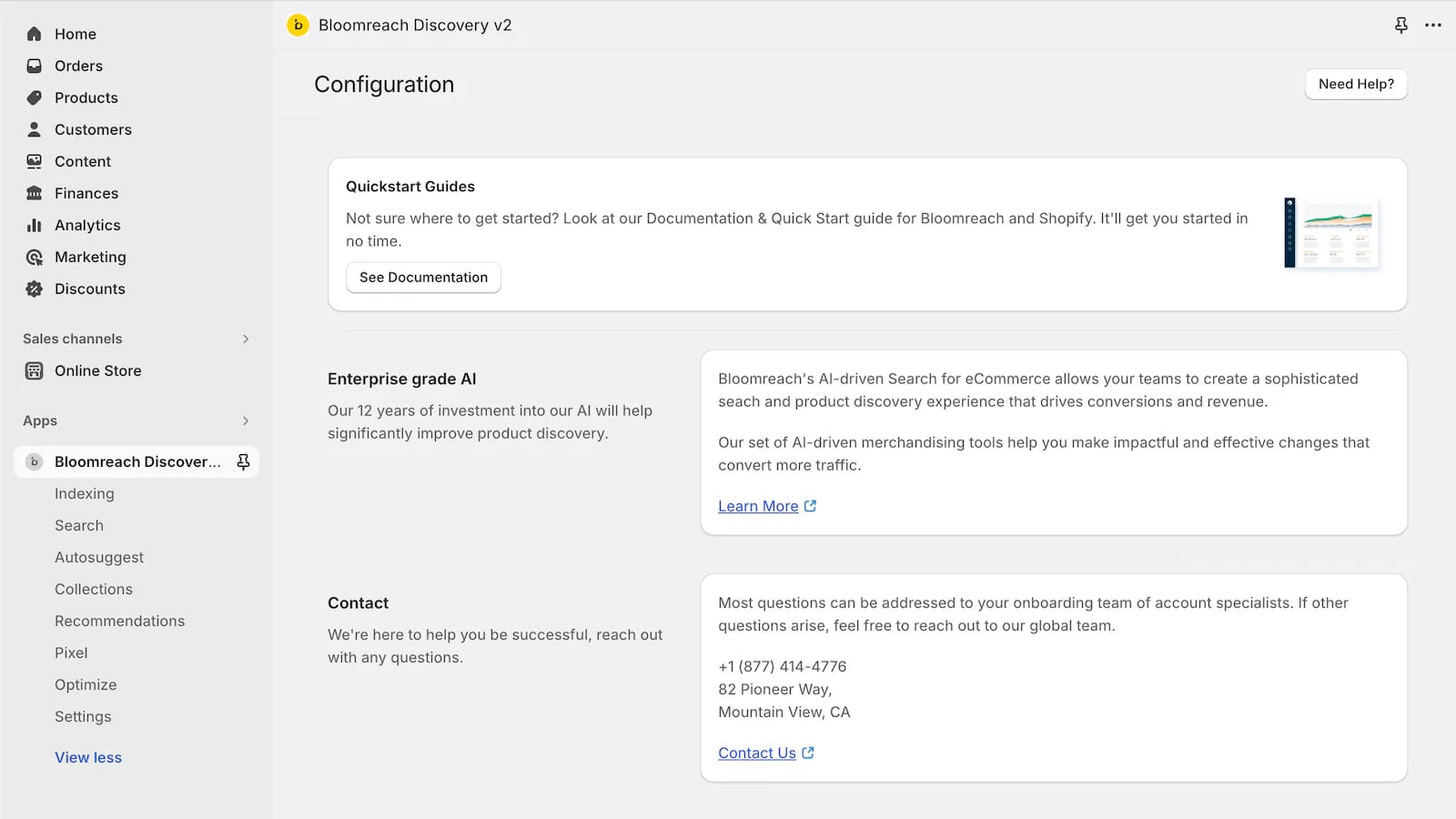 Bloomreach Discovery configuration screen with quickstart guides, documentation link, and settings panels.