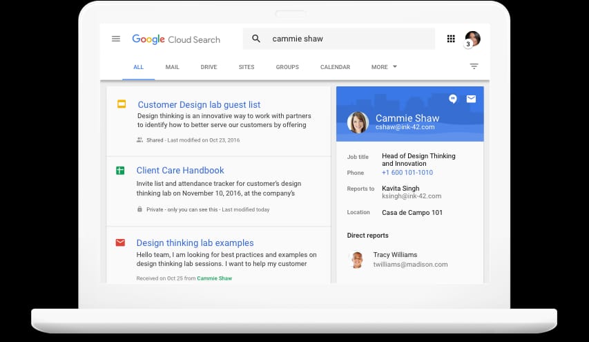Google Cloud Search results with documents listed on the left and a people profile card panel on the right.