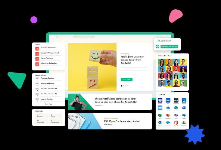 Intranet homepage mockup with announcements, event list, featured content cards, and a sidebar with Copilot chat, new hires, and app launcher.