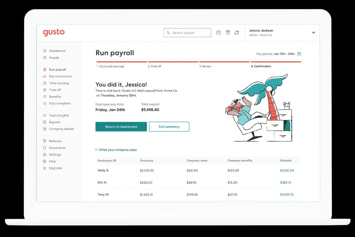 Gusto payroll confirmation screen showing payroll totals, employee pay table, and ‘Run payroll’ completion message.