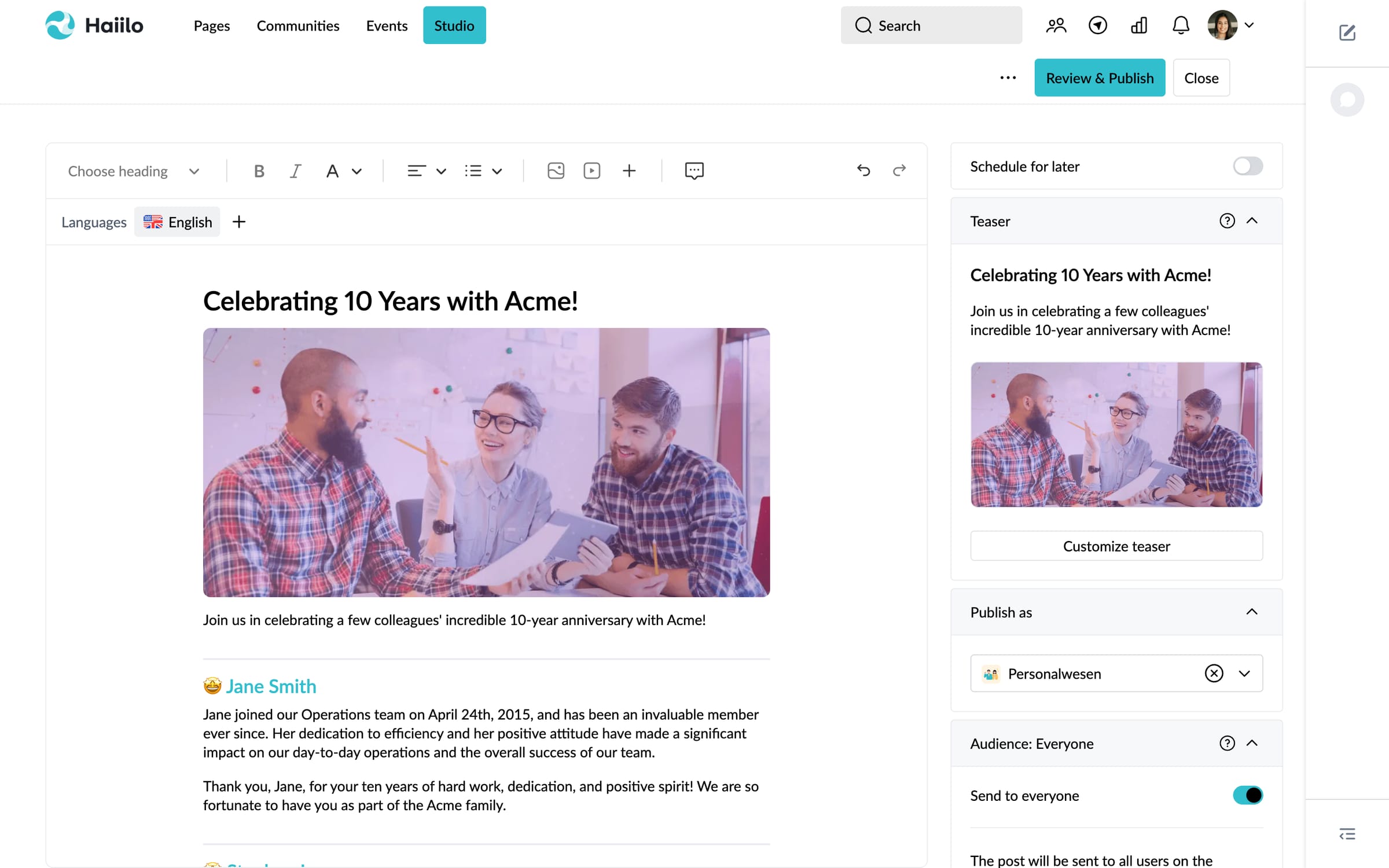 Haiilo Studio editor showing a draft post titled ‘Celebrating 10 Years with Acme!’ with teaser preview and publish settings sidebar.