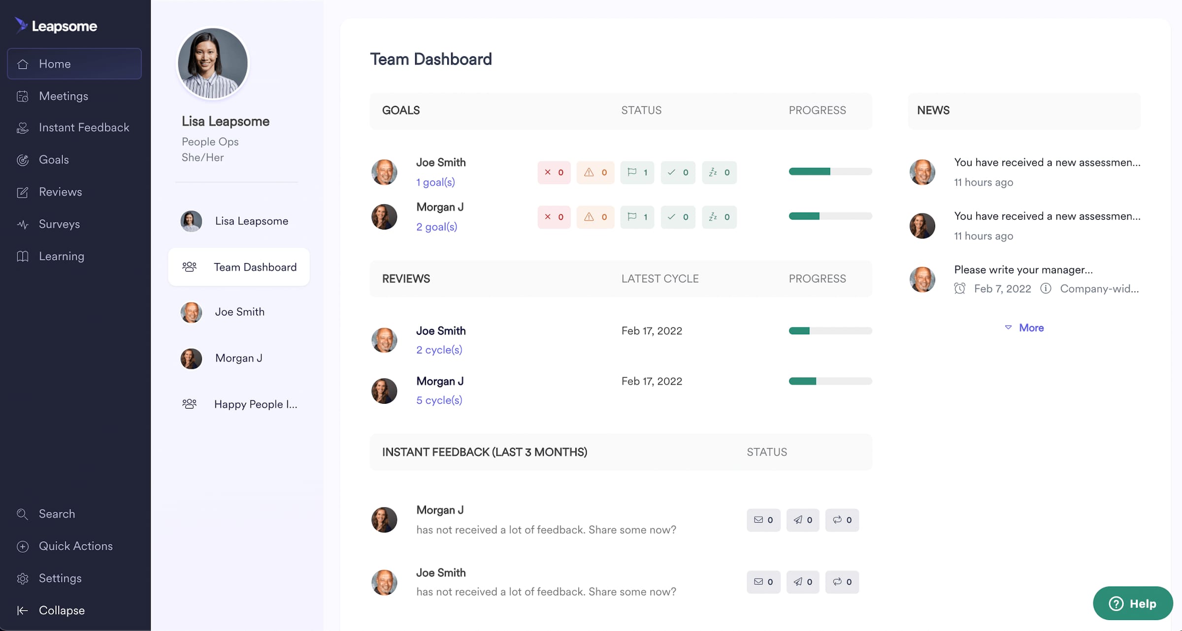 Leapsome team dashboard showing goals and reviews status, instant feedback section, and a news panel.