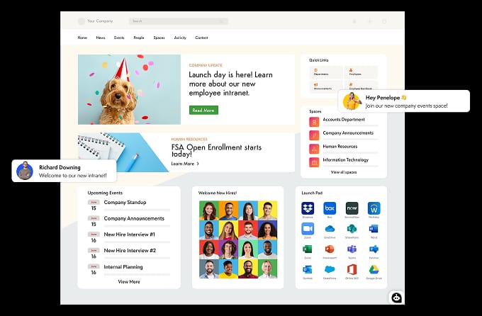Employee intranet homepage mockup with news and updates, quick links, spaces list, upcoming events, new hires panel, and app launch pad.