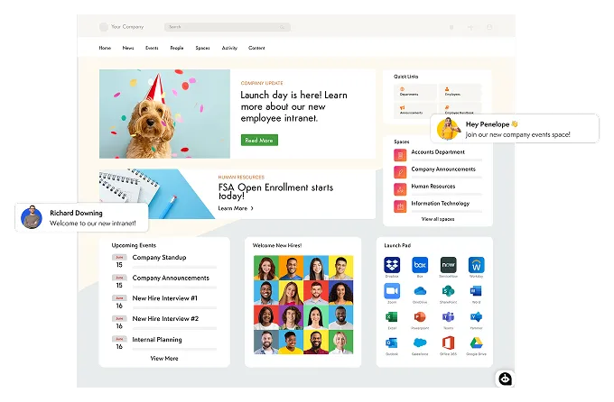 Employee intranet homepage mockup with news and updates, quick links, spaces list, upcoming events, new hires panel, and app launch pad.