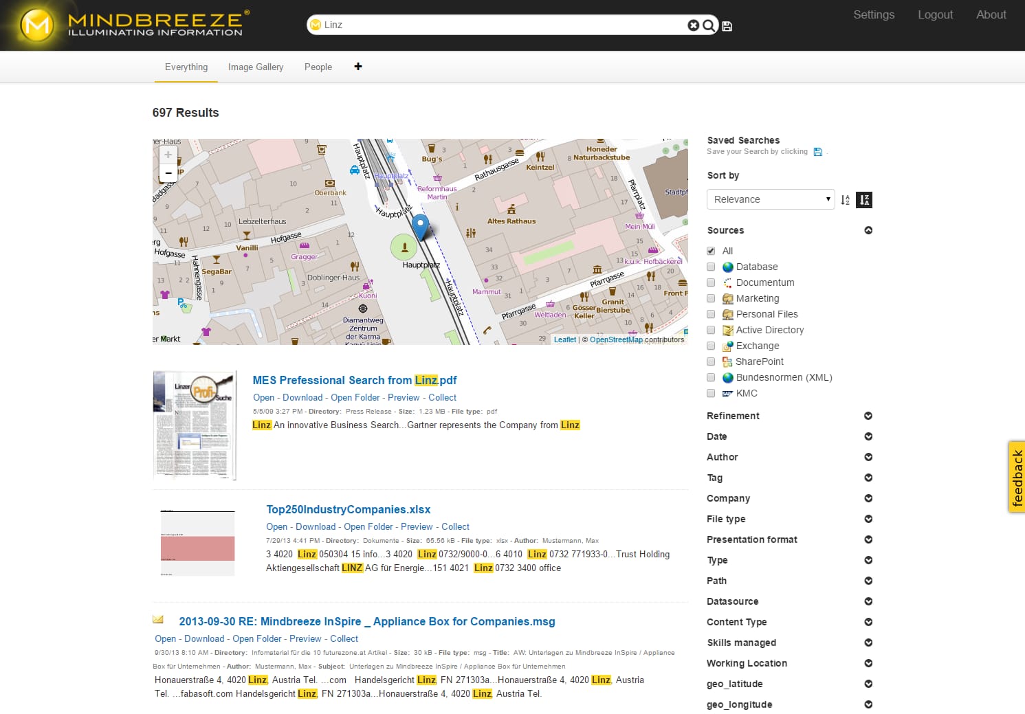 Mindbreeze InSpire search results page with filters, saved searches, and result list with previews.