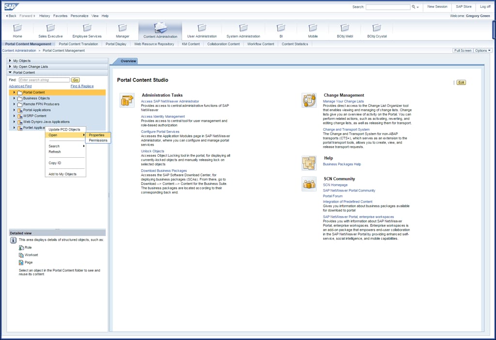 SAP Enterprise Portal ‘Portal Content Studio’ interface with navigation tree and admin tools.