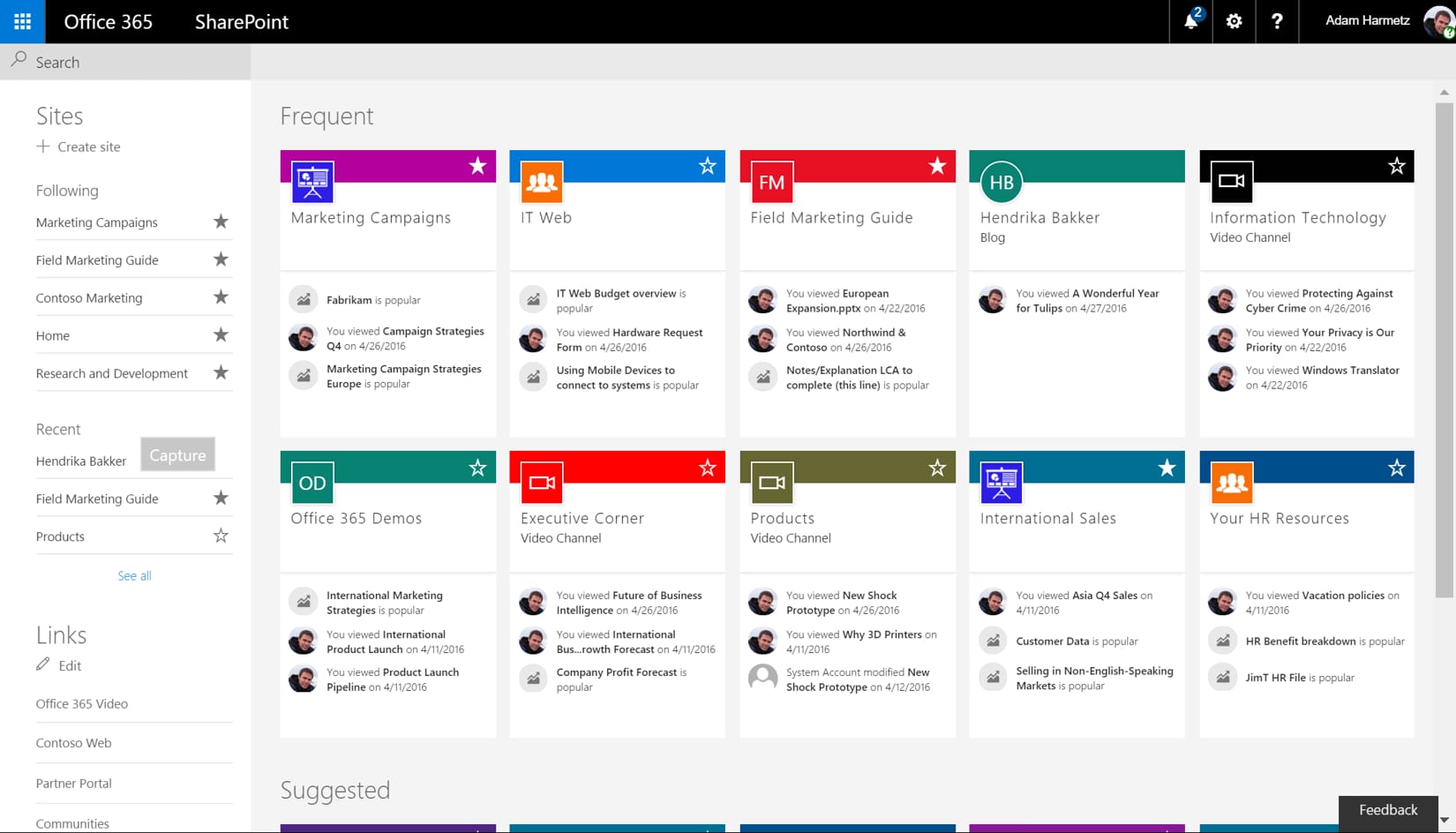 Office 365 SharePoint home page showing frequent sites as colored tiles and a left navigation menu.