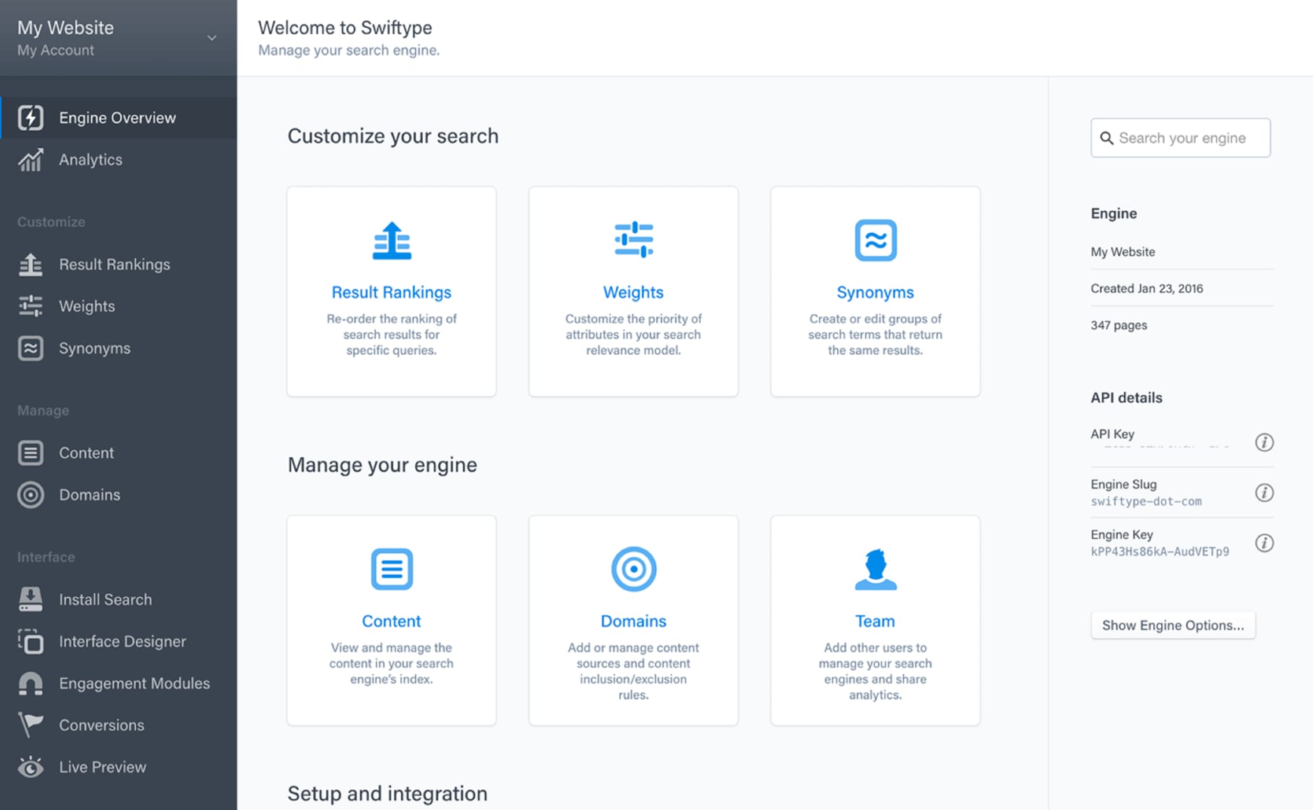Swiftype admin screen for managing a search engine, with options like result rankings, weights, and synonyms.