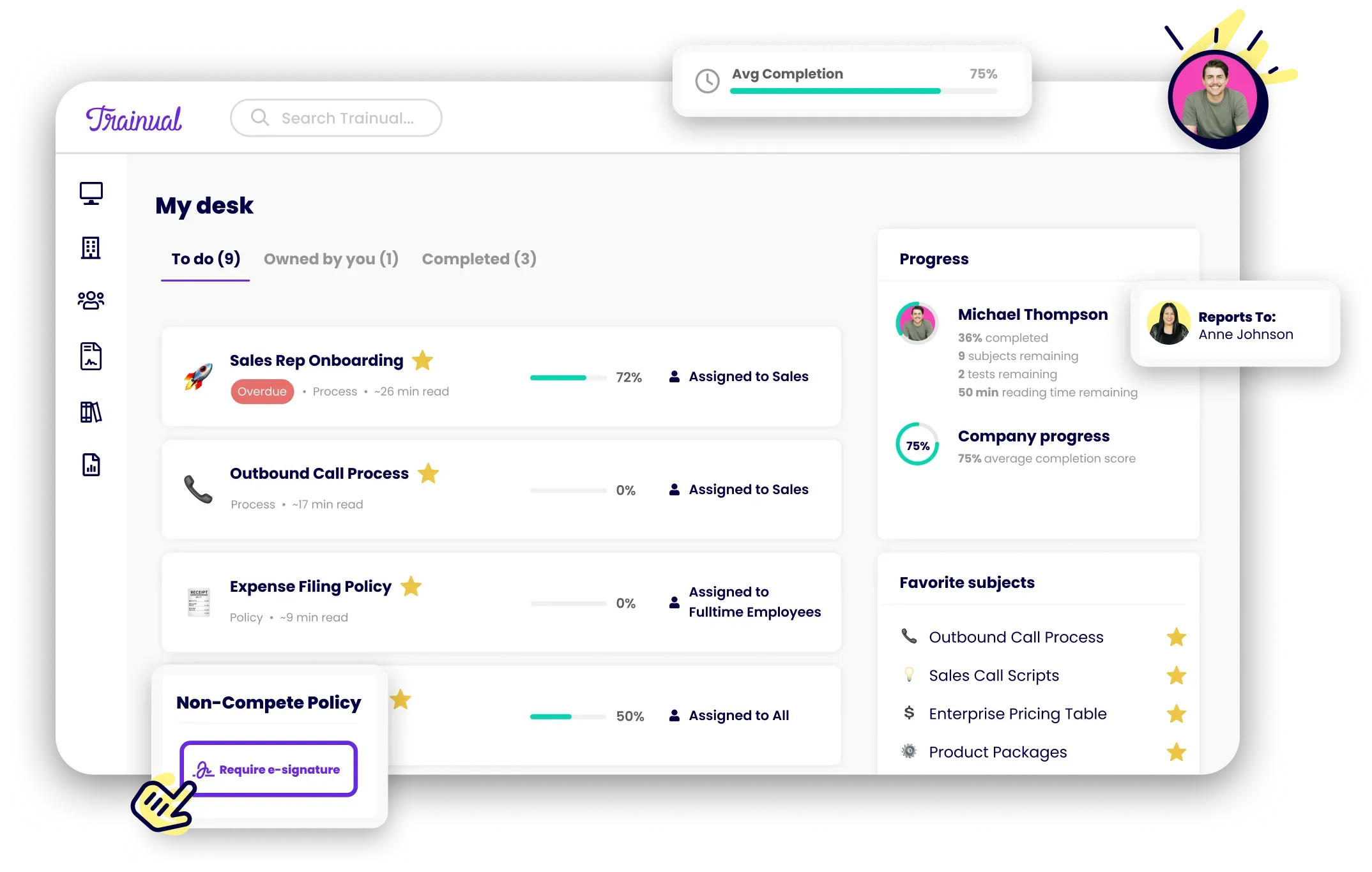 Trainual ‘Processes’ library showing process templates carousel and categorized process lists.
