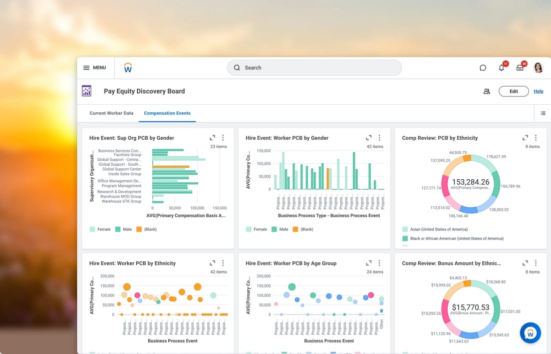 Workday pay equity discovery dashboard with charts comparing compensation by gender, ethnicity, and age group.