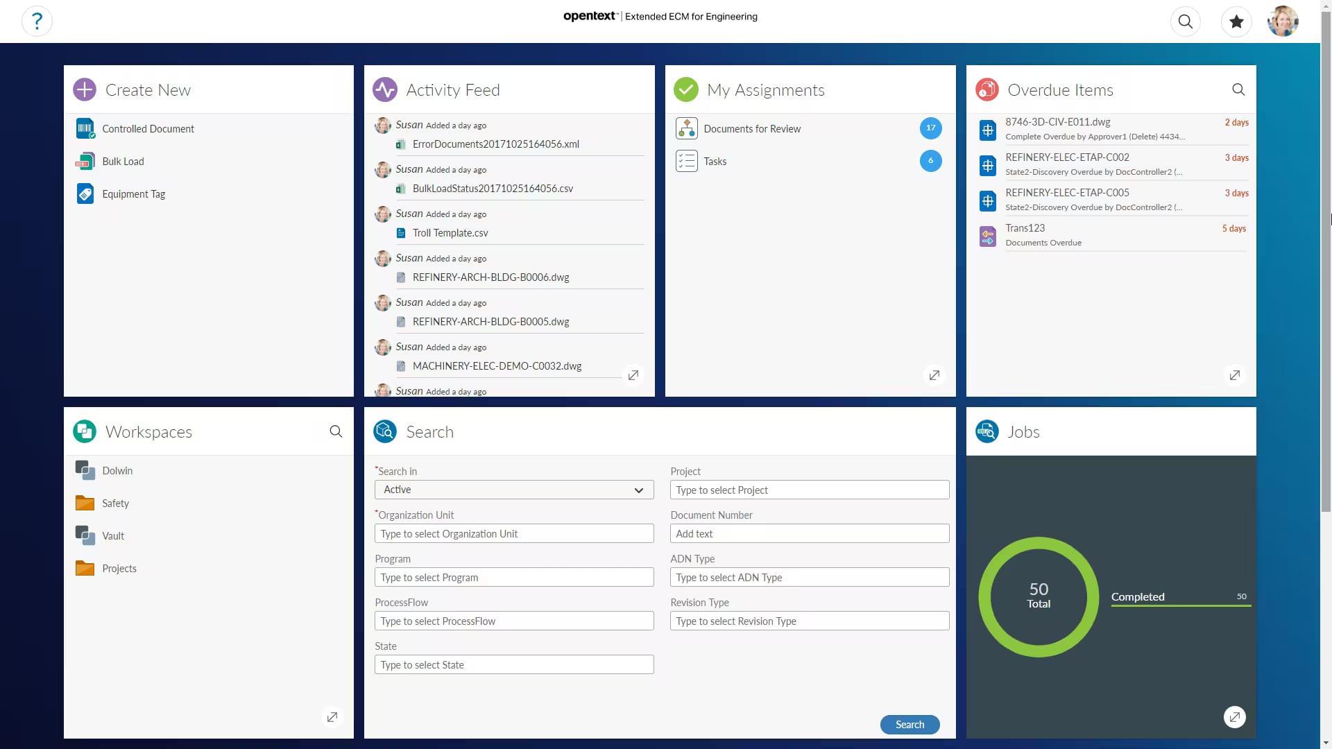 OpenText Extended ECM dashboard with tiles for creating documents, activity feed, assignments, overdue items, and search.