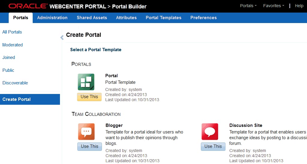 Oracle WebCenter Portal ‘Portal Builder’ screen for creating a portal from templates.