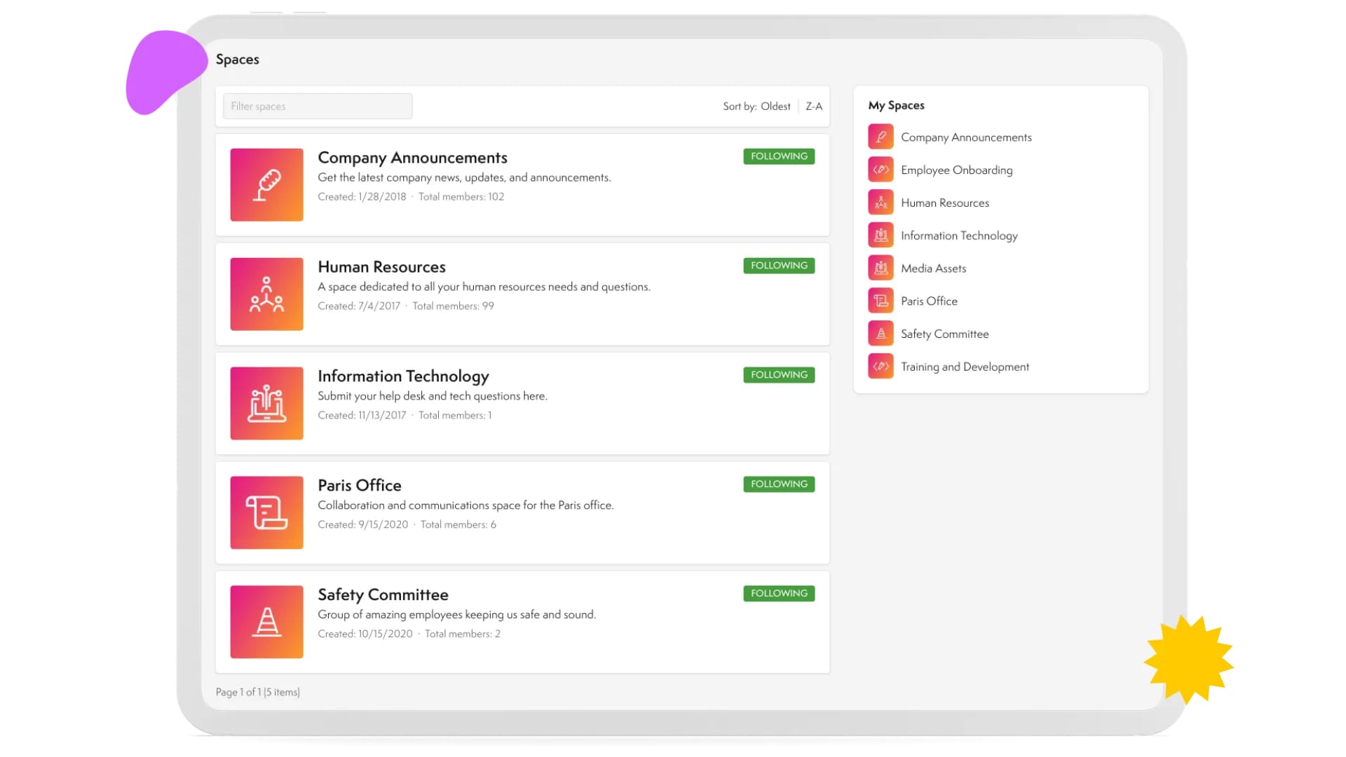 Spaces showing organized channels for teams, projects, and topics, enabling collaboration and easy access to resources.