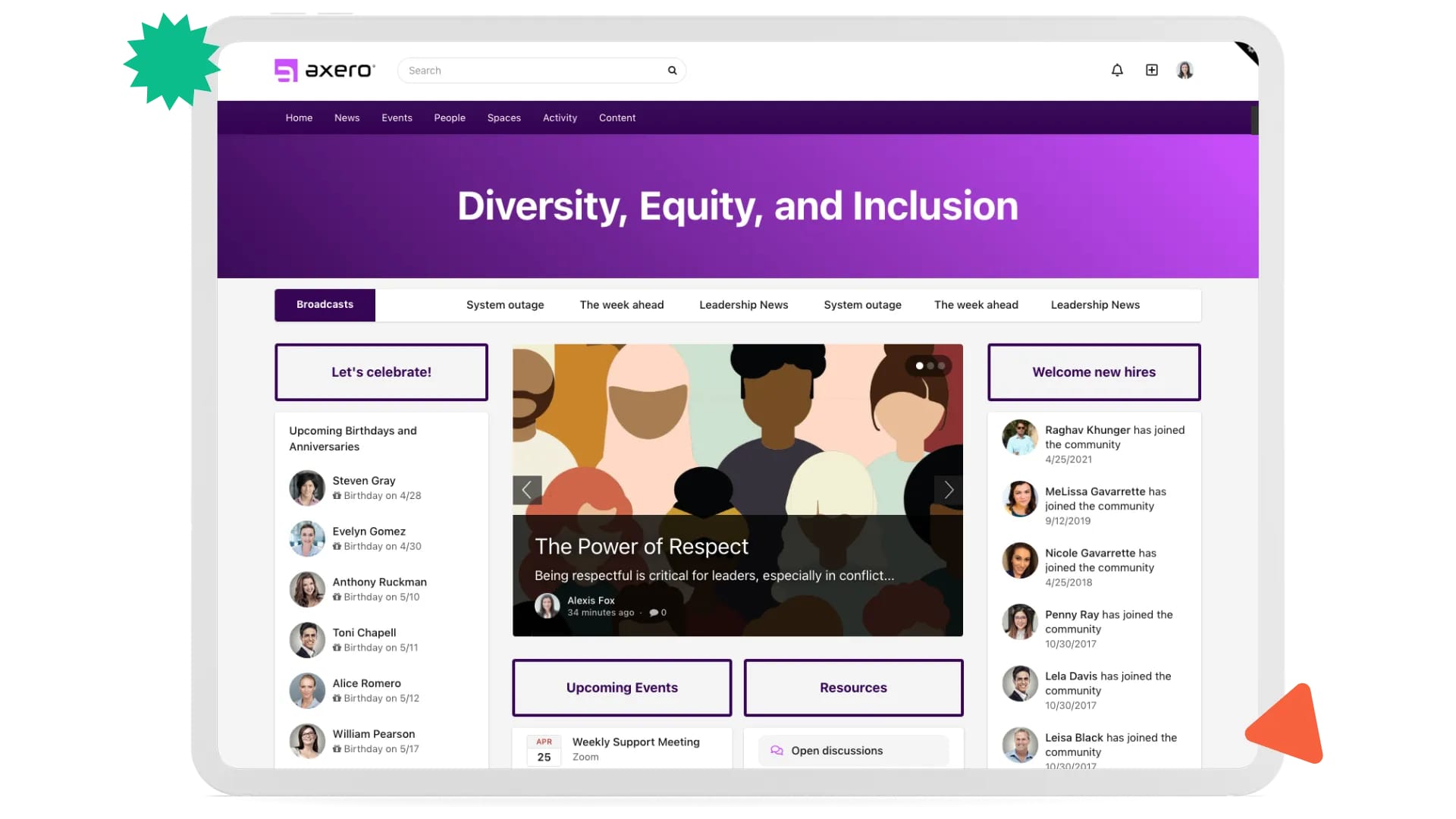 Intranet homepage highlighting employee news, social updates, and colleague profiles to support engagement and workplace culture.