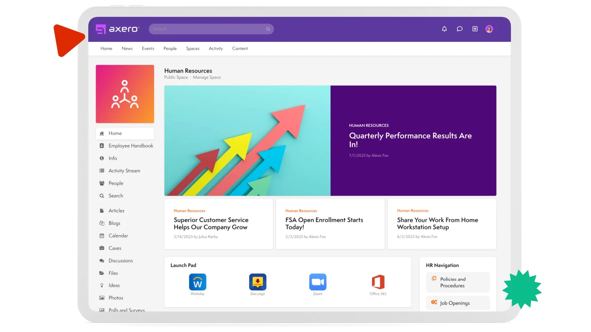 Centralized intranet communications hub displaying company announcements, updates, and messages in one place.