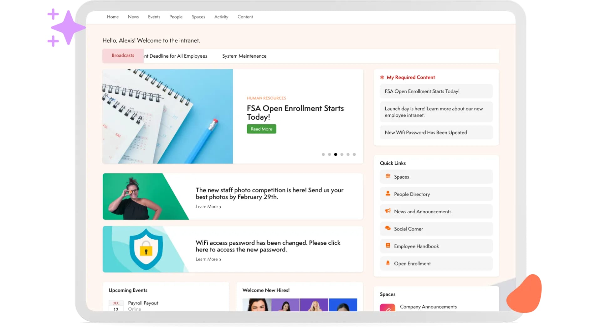 Successful intranet homepage featuring company news, quick links, employee highlights, and access to resources and tools
