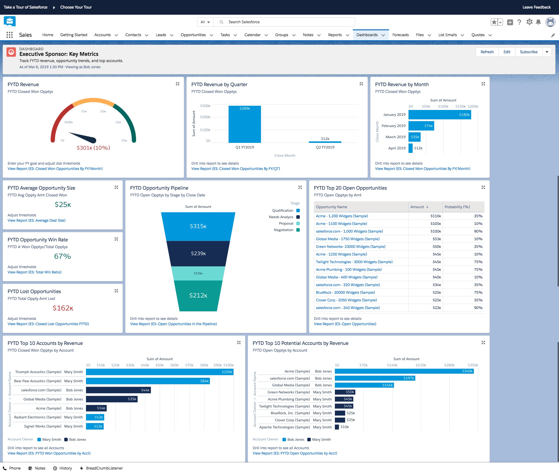 Salesforce dashboard showing key sales metrics, revenue charts, pipeline funnel, and top opportunities tables.