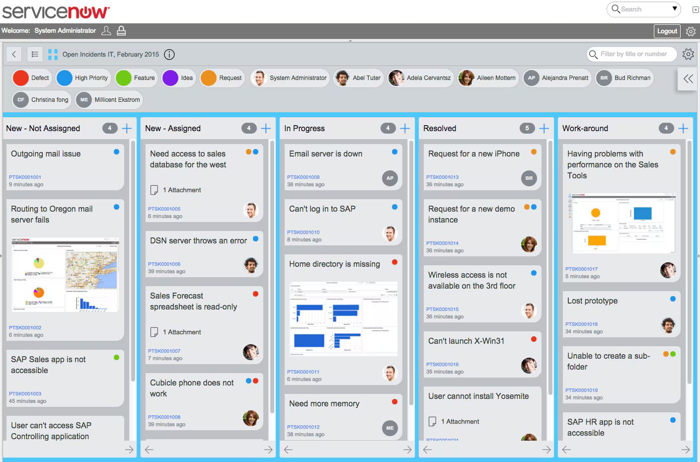 ServiceNow incident board with tickets organized in columns by status (new, assigned, in progress, resolved, work-around).