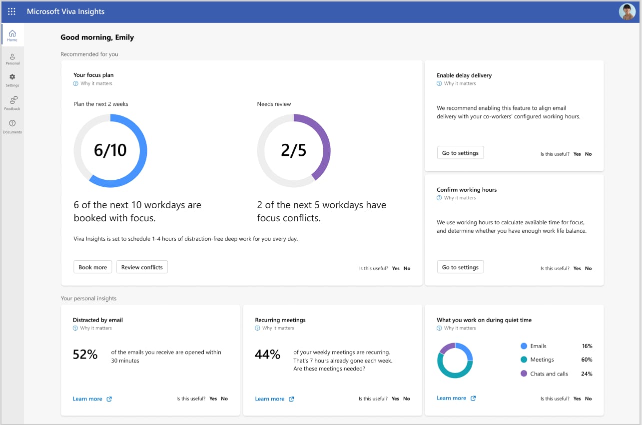Microsoft Viva Insights dashboard with focus plan progress, delay delivery recommendation, working hours settings, and personal insights cards.