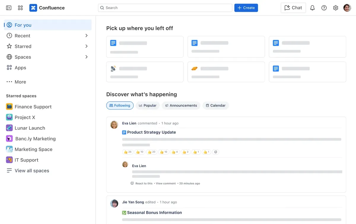 A Confluence home feed with a starred-spaces sidebar, recently visited pages, and an activity stream of comments and edits