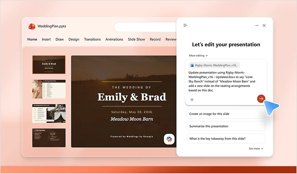 A PowerPoint presentation open in Microsoft 365 with the Copilot side panel suggesting edits to the slide deck
