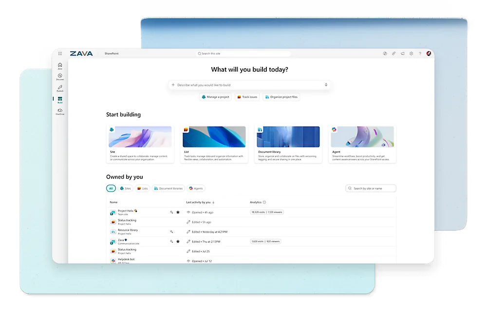 A SharePoint start page prompting "What will you build today?" with tiles for site, list, document library, and agent, above a list of sites owned by the user