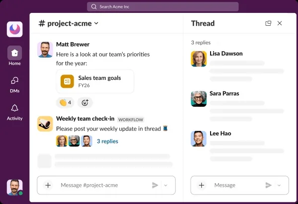 Slack channel view with a threaded team check-in message, emoji reactions, and a side panel showing three replies