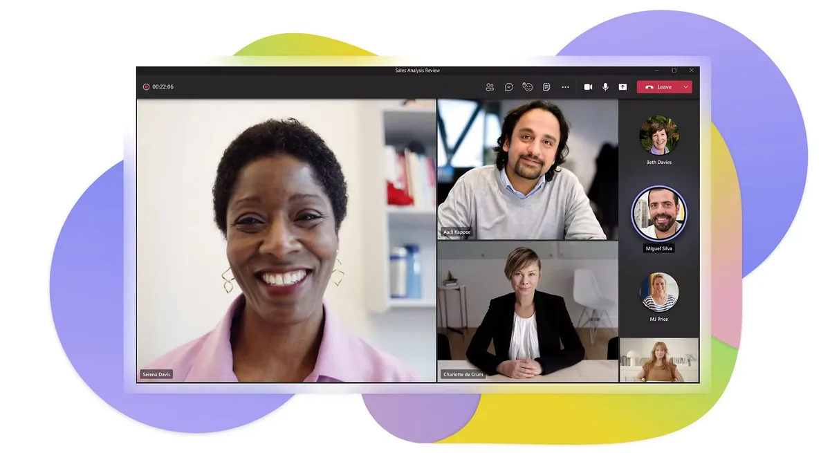 Microsoft Teams video meeting with one large speaker tile, three smaller participant tiles, and a right-hand roster of attendees