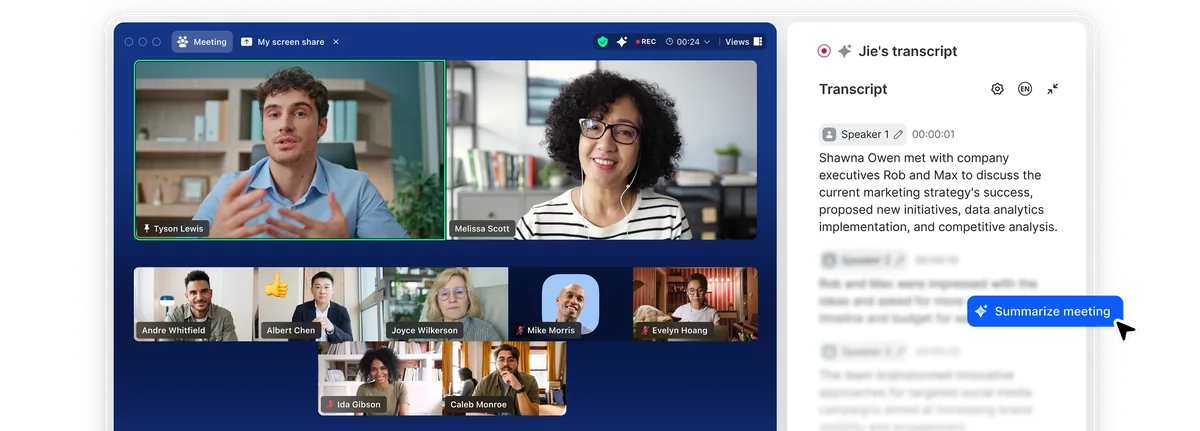 A Zoom meeting in gallery view with a live transcript panel open on the right and a "Summarize meeting" button