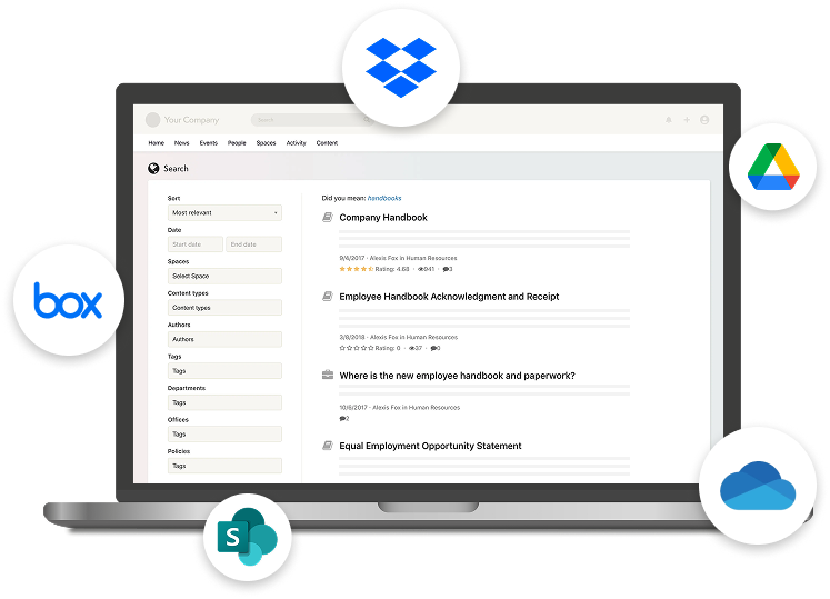 Intranet portal centralizing access to third-party knowledge management tools like dropbox, SharePoint, and Google Drive
