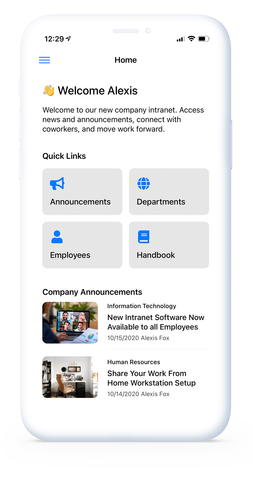 Mobile intranet homepage
