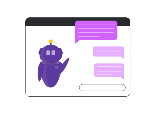 Illustration of a purple chatbot on a computer screen, depicted with a speech bubble containing text lines, signaling an active online conversation.