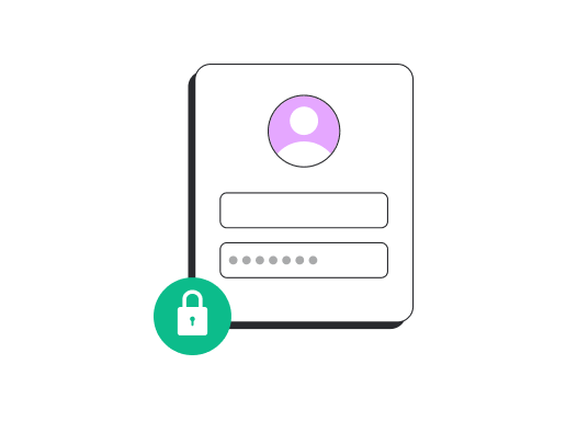 Illustration of a login interface on a digital device featuring an avatar icon, input fields for username and password, and a padlock symbol indicating security.