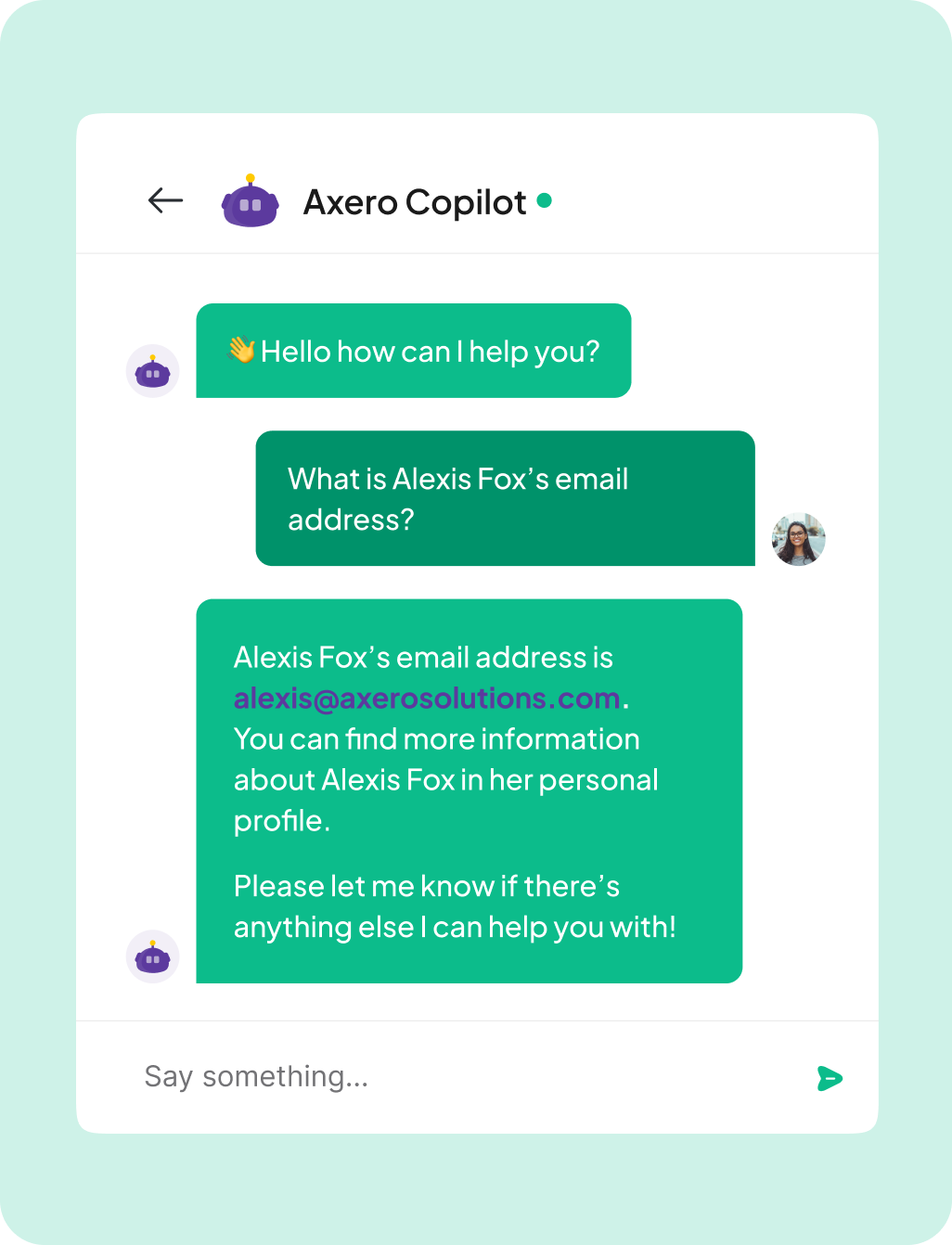 A screenshot of a chat in the axero copilot app showing a conversation where a user asks for alexis fox's email, and the assistant responds with the email address and offers further help.
