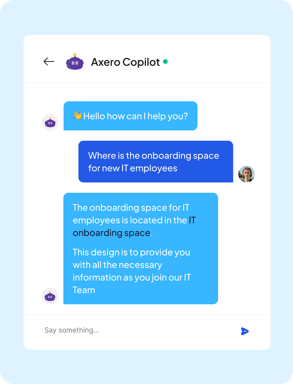 Screenshot of a chat interface with a user asking for the location of the onboarding space for it employees, and receiving a detailed response about the available designs and necessary information in the it onboarding area.